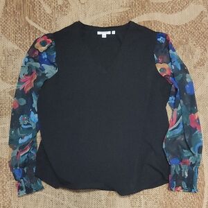 Chico's Black Blouse with Floral Sheer Sleeves